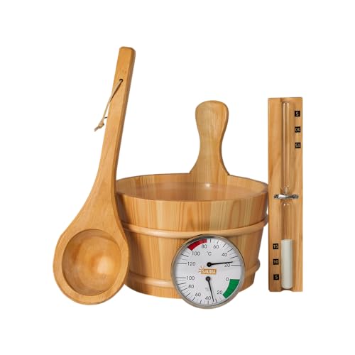 SunnyDeals klassisches Saunazubehörset | Saunaset 5-teilig aus naturbelassenem Holz | Saunaeimer & Kunststoffeinsatz 4l | Saunakelle | Temperaturmessgerät | Sanduhr