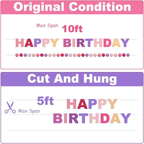 Image of 2 PCS Pre-Strung 3D Felt Happy Birthday Banner - Reusable Happy Birthday Decorations Sign, Felt Ball Garland, Pom Pom Garland, Party Decor, Photo Prop(pink & purple)