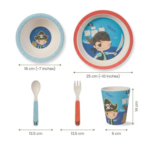 Image of Bamboo Kids Feeding Set of 5 |Kids Crockery Set Tableware |Baby Utensils and Dishes Set | Eco-Friendly |Organic & Natural (Playful Pirate)