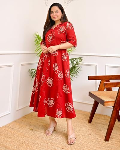 Image of Women's Floral Print Midi Dress, Rayon, A-Line Fit and Flare, Shirt Collar, Half Sleeves, Casual Wear