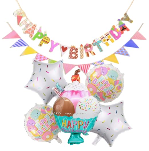 6 unidades de decoración de cumpleaños, globos de dibujos animados, decoración de fiesta de cumpleaños para niños, pancartas, globos de cumpleaños, juego de globos de helado, decoración de cumpleaños