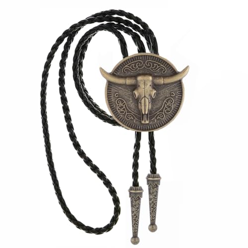Image of GelConnie Longhorn Bull Bolo Tie for Men Native American Western Cowboy Leather Necktie Bolo Necklace for Women Gold Texas