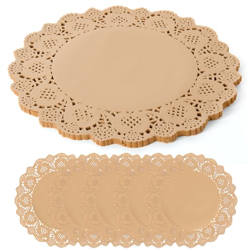 100 Pack 13.5 Inch Round Kraft Paper Doilies Disposable Lace Placemats