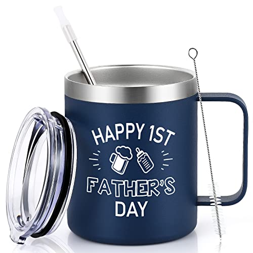 Qtencas New Dad Gifts, First Time Dad Gifts, Happy 1St Father's Day Stainless Steel Insulated Coffee Mug, First Fathers Day Gift For Dad To Be New Dad First Time Dad Men From Wife Kids(12Oz Darkblue) #TOP28