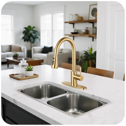 Image of Kitchen Faucet with Pull Down Sprayer - Brushed Gold Single Handle Kitchen Faucets, High Arc Stainless Steel Pull Out Kitchen Sink Faucet with Deck for RV Laundry Farmhouse Bar