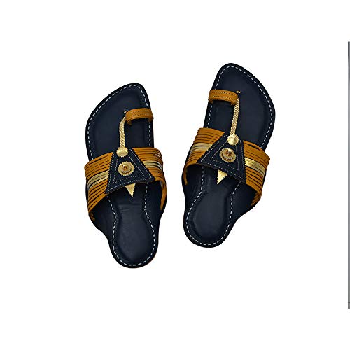 KORAKARI - Men Kolhapuri Slipper Fourteen Laces Yellow Upper and Dark Blue Base with Golden Leather Work on Upper, Single Central Lace, Cushione (Padded) Bottom (US 9)