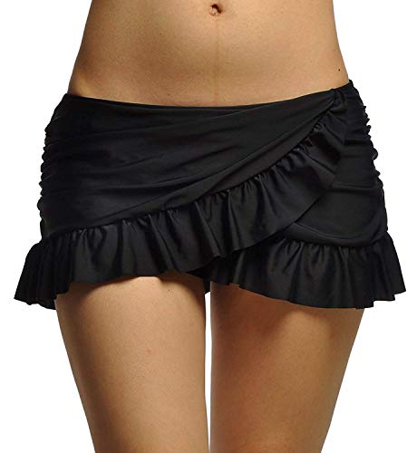 DUSISHIDAN Women Black Overlapping Ruffled Mini Swim Skirt with Panty