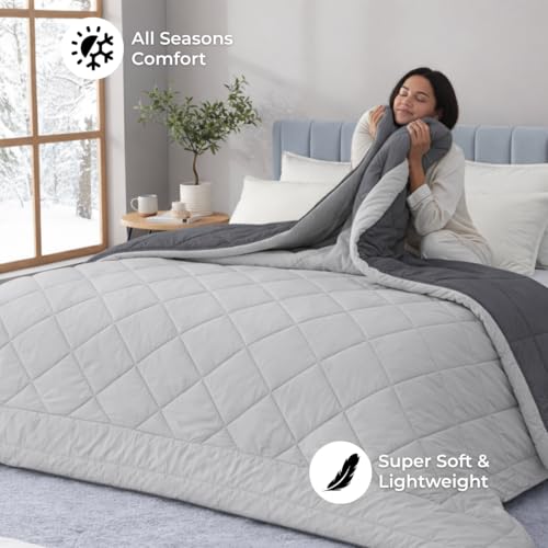 Image of King Size Comforter for Double Bed, 220 GSM Soft Microfiber AC Blanket, All Season Lightweight Reversible Bed Quilt, Premium Bedding, 90 x 100 Inch, Grey-Light Grey