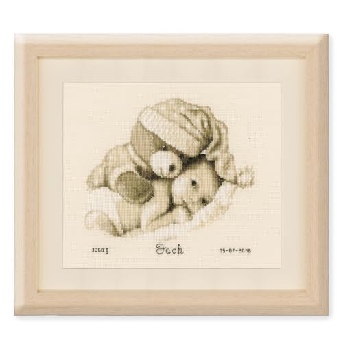 VERVACO Kit Punto De Cruz Bebe Nacimiento Regalos DIY Completo BEBÉ con Osito Creativo Manualidades Creatividad Adultos Decoracion Pared Bordar Kit Principiantes ca. 22 x 20 cm Cross Stitch