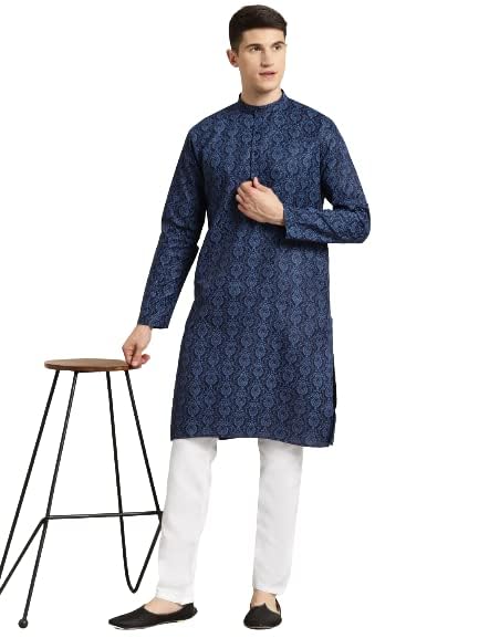 Image of SOJANYA (Since 1958 Men's Cotton Blend Navy Blue & Black Printed Kurta & White Churidar Pyjama Set