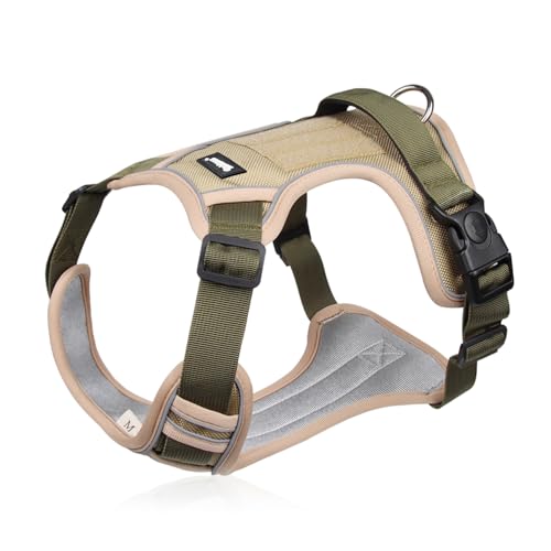 犬用ハーネスセット 中型犬・大型犬用 後ずさり抜けない設計・引っ張り防止 1.5mリード付き・犬はーねす 犬 ハーネス 中型犬 通気性メッシュ＆1680Dオックス生地 夜間反射・簡単装着・4点調整可 ダブルDリング＆背部ハンドル 犬 シートベルト兼用 ペット ハーネス・犬リード 大型犬対応 首輪 補助 散歩用 カーキ