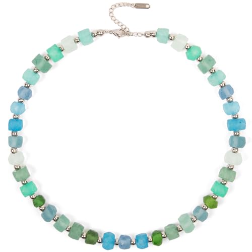 PERENEL Chunky Ocean Blue Green Frosted Sea Glass Beaded Necklace for Women - Handmade Recycled Glass 10mm Beads Silver Stainless Steel Adjustable 16-18 inch Blue Green Boho Statement Necklace