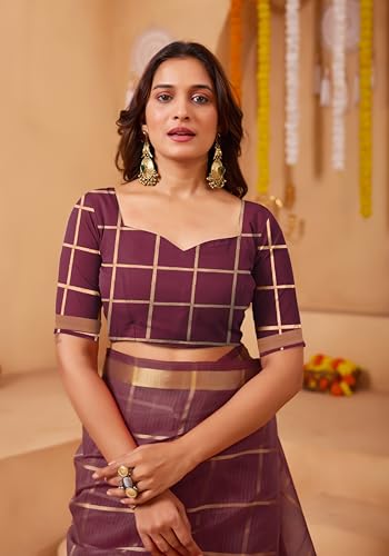 Image of StyleScope Women's Kota Doria Cotton Zari Checks Manipuri Saree With Unstitched Blouse Piece (Malanng)