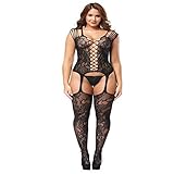 Deksias Fishnet Bodystocking Plus Size Crotchless Bodysuit Lingerie for Women (Plus Size, B)
