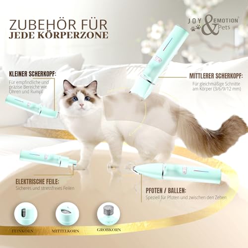 JOY & EMOTION® 6 in 1 Schermaschine für Katzen und kleine Hunde, Hundeschermaschine mit Laser und UV-Licht zur Erkennung von Wunden | Kabellose Tierhaarschneidemaschine | LEISER Pfotentrimmer Hunde