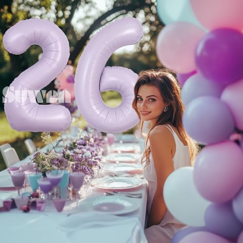 Image of SUWEN 40 Inch Light Purple Large 26 Balloon Number Big Foil Helium Lavender Number Balloons Huge Mylar 0-9 Giant Jumbo Happy 26th Birthday Party Anniversary Decorations