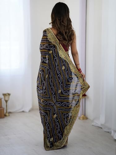 Image of Satrani Women's Georgette Bandhani Printed Embroidered gota lace Saree with Unstitched Blouse Piece