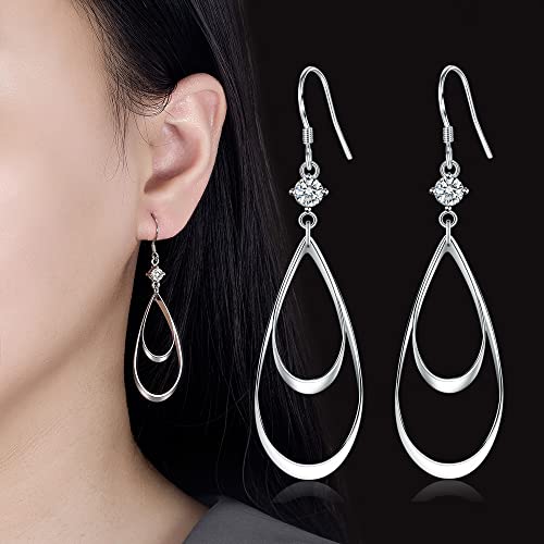 Dangle Earrings For Women Hollow Water Drop Double Linear Drop Statement Earrings Birthday Gifts For Women (Silver) #TOP1