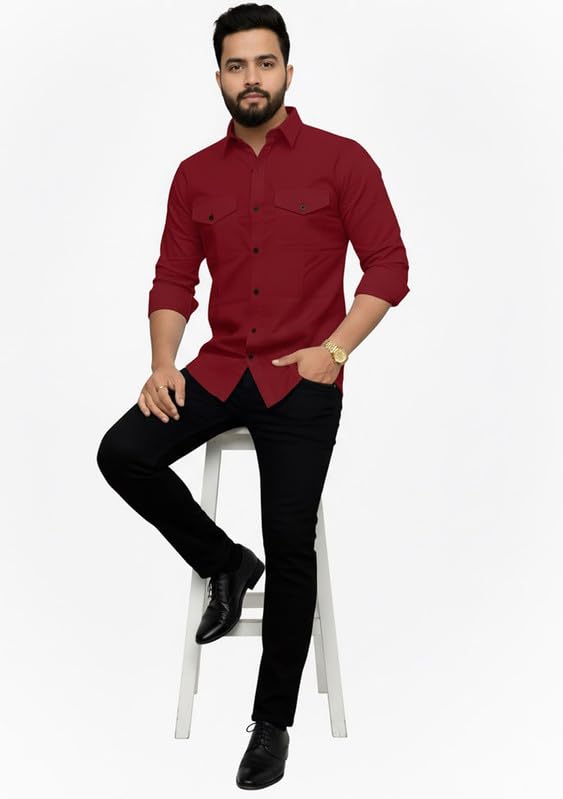 Image of DEELMO Men's Classic Cotton Blend Slim Fit Shirt || Full Sleeve Button-Down Casual Shirt with Dual Flap Pockets || Soft Breathable Fabric || Ideal for Office Party and Everyday Wear