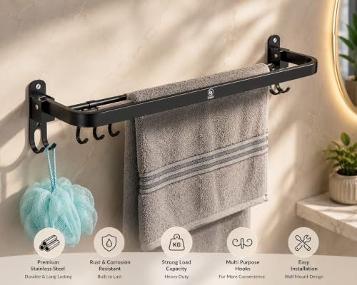 Image of iSTAR Folding Towel Rack /Towel Stand /Towel Hanger /Rack Shelf for Bathroom /Bathroom Accessories (24 Inch, Black)(Stainless Steel)