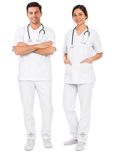 AIESI® Divisa Sanitaria uomo donna (M bianco) in cotone 100% sanforizzato pantaloni e casacca scollo a V