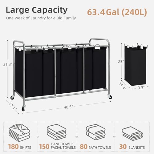 Image of STORAGE MANIAC 5 Section Laundry Sorter, 5 Bins Rolling Separator Laundry Basket, Dirty Clothes Hamper Divider with Heavy Duty Lockable Wheels, Large Clothes Organizer Cart, Black