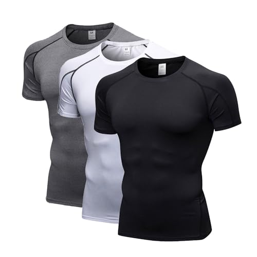 LANBAOSI 3 Pack Men's Compression Shirts Short Sleeve Compression Base Layer Cool Dry Athletic Undershirt Workout T Shirt