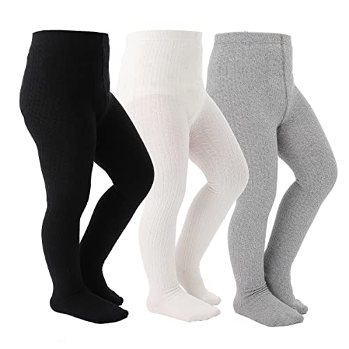 Marchare - Marchare Baby Girls Tights Thick Cable Knit Solid Seamless Leggings Winter Warm Stockings For Toddler Girls Black/Ivory/Light Grey 3 Pack 4-6 Years