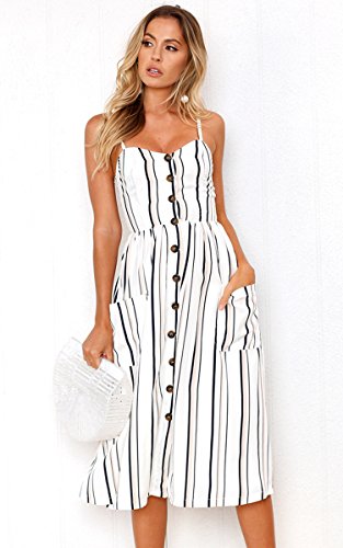 Image of Angashion Women's Dresses-Summer Floral Bohemian Spaghetti Strap Button Down Swing Midi Dress