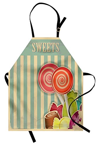 Lunarable Vintage Apron, Retro Old Candy Store Chocolates Lollipops with White Stripes on Blue Backdrop, Unisex Kitchen Bib with Adjustable Neck for Cooking Gardening, Adult Size, Seafoam Beige