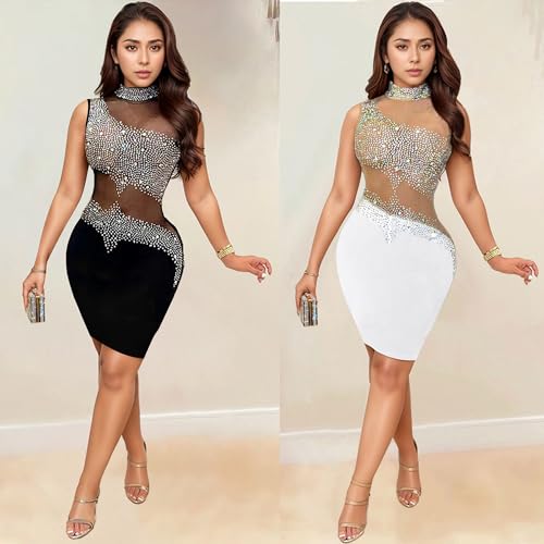 PORRCEY Women's Hot Drilling Craft Sexy Long Sleeve Mesh See Through Party Club Night Rhinestone Dress4