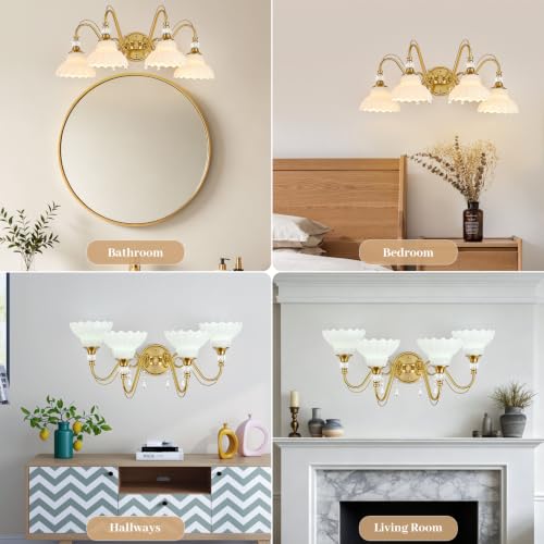 Image of Vintage Bathroom Vanity Light, 4-Light Brushed Gold Finish Wall Sconce with Hanging Crystal Accents and Flower-Shaped White Glass Shades, Retro Wall Mount Vanity Light Over Mirror for Bathroom