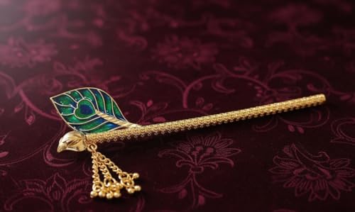 Image of Krishna Flute, Decorative Bansuri with Green Peacock Feather Pattern, Gold-Toned Metal for Laddu Gopal and Thakur Ji Idols