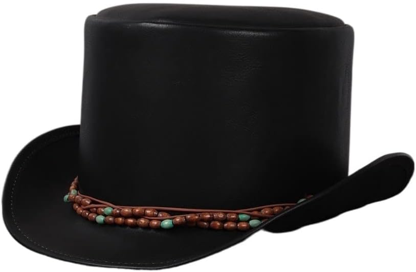 Elegant Vintage Autumn Winter Leather Cool Top Hat,Fedora Steampunk Party Hat For Cosplay Party (Color : Coffee And Black, Size : 56-61CM) (Color : Black, Size : 58-59CM)