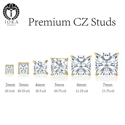 14K Gold Square Solitaire Princess Cut Cubic Zirconia CZ Stud Push Back Earrings in Yellow OR White (Various Sizes)4