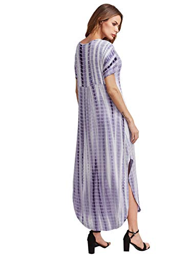 MakeMeChic Casual Maxi Short Sleeve Split Tie Dye Long Dress Purple Small