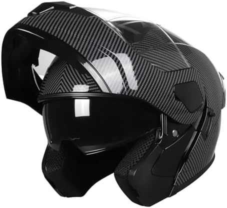 SPARK DOT Approved Modular Flip-Up Dual Visor Motorcycle Full Face Helmet for Adults Men & Women (Carbon Fiber, Large)