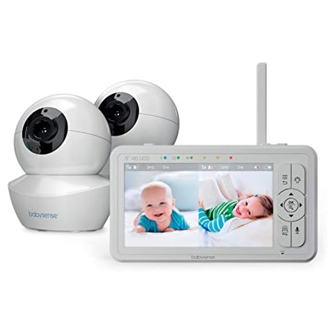 Babysense Baby Monitor mit 5" HD Split-Screen, Babyphone mit 2 HD-Kameras, Fernbedienung PTZ, Nachtlicht, 300m Reichweite, Zwei-Wege-Audio, 4-facher Zoom, 4000mAh Akku Cover