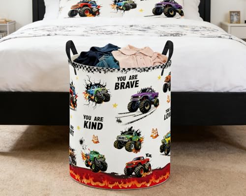 Image of ESSME Laundry Basket,Monster Truck Hamper Collapsible Canvas Storage Bin, Cute Hamper,Gift Baskets(Flame Truck)