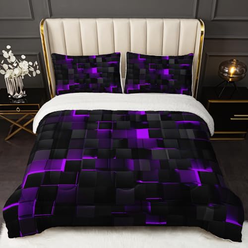 Nttopship Geometric Violet Black Comforter Set,Light Honeycomb 3 Pcs Bedding Set Full Size for Teen Boys,Sherpa Fleece-Backing Premium,Microfiber Lightweight 1 Comforter 2 Pillow Cases Winter