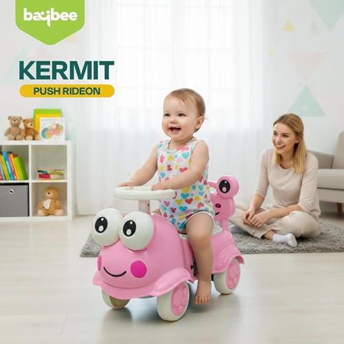 Image of Kermit Ride on Cars for Kids | Portable Kids Car with Music & Toy Storage | Indoor Baby Push Ride-ons with Lights & Safety Backrest | Outdoor Rider Cars for Kid 18+ Months (Pink)