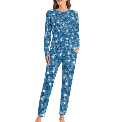 Pyjama femme bleu à paillettes avec t-shirt manches longues et pantalon fluide