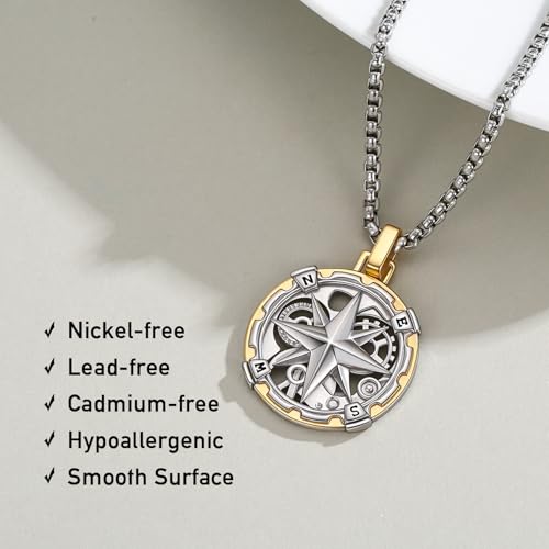 925 Sterling Silver Compass Necklace with Stainless Steel Rolo Chain 22"+2"3