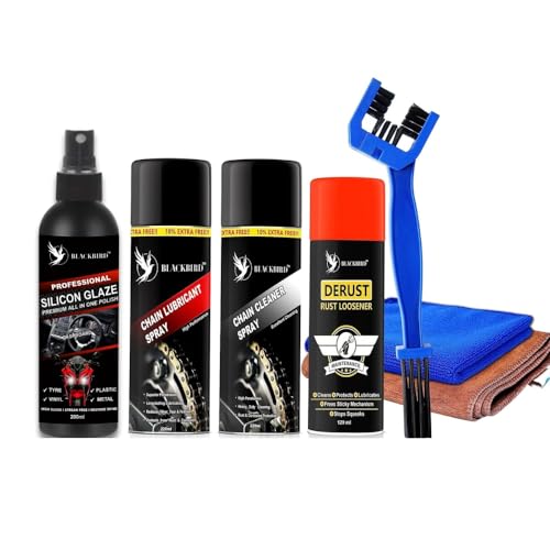 BLACKBIRD Bike Care Kit Chain Lube Spray 220ml, Chain Cleaner Spray 220ml, De-Rust 120ml, All in One Polish 200ml, Chain Cleaning Brush & 2 Pc Microfiber Cloth Motorcycle Cleaning Maintenance Combo BLACKBIRD Bike Care Kit Chain Lube Spray 220ml, Chain Cleaner Spray 220ml, De-Rust 120ml, All in One Polish 200ml, Chain Cleaning Brush & 2 Pc Microfiber Cloth Motorcycle Cleaning Maintenance Combo