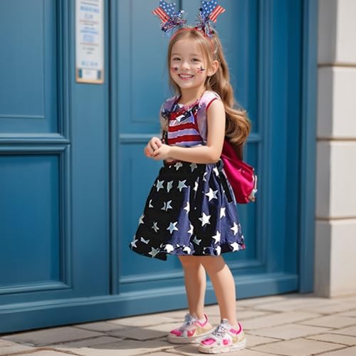 Girls 4th of July Outfit Toddler Girl American Flag Dresses Headband Hair Clips Necklaces Face Tattoos 2-8 Years4