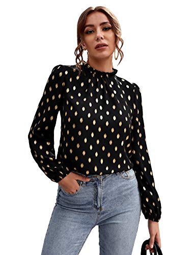 Floerns Women s Elegant Mock Neck Long Sleeve Puff Sleeve Polka Dot Blouse Top Gold Dots S