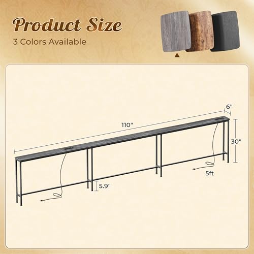 Image of Huuger 110 Inch Sofa Table with Power Outlets, Skinny Behind Couch Table | 5.9 Inch Narrow Entryway Table, Extra-Long Console Table, Behind the Couch Table with Outlet for Living Room, Charcoal Gray