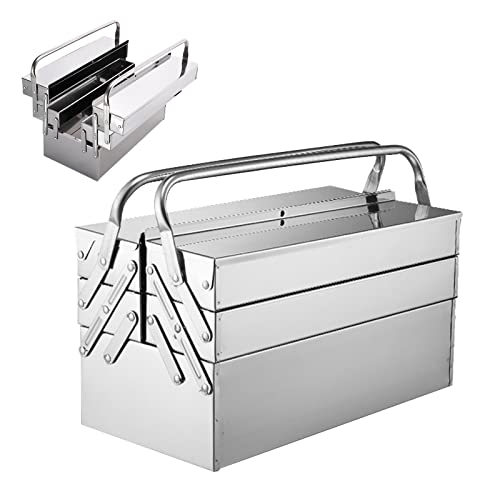 Portable Tool Box, Metal Tool Boxes Hand Carry, Multi-Function Thick Stainless Steel Cantilever Tool Box with Keyhole, Folding Double Clamshell Tools Container for Home, Office, Garage