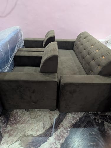 Image of Modern Tufted Velvet Sectional Sofa, Grey, L-Shaped Design with Gold Accent Buttons
