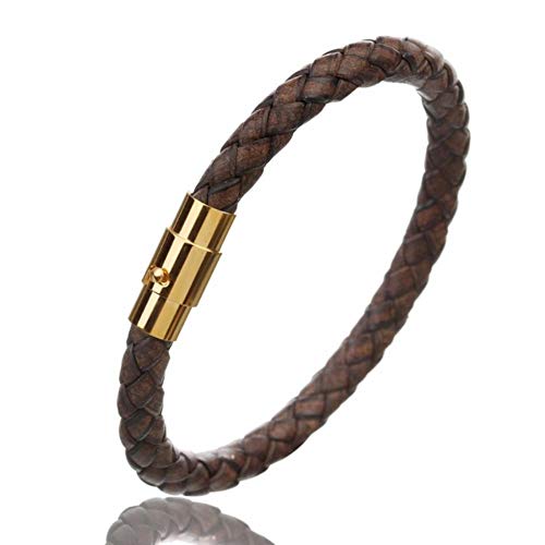 YAMEIJIA WERTY Véritable Bracelet en Cuir Fermoir magnétique en Acier Inoxydable Hommes Main Hommes Bracelet Bracelets tressés en Cuir,Café Noir d'or,20 cm